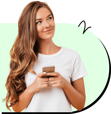 A young woman holding her phone with interesting thoughts.